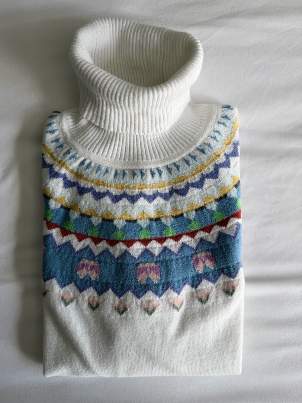L.L. Bean Cotton Cashmere Creamy White Multicolor Fair Isle Turtleneck Sweater
